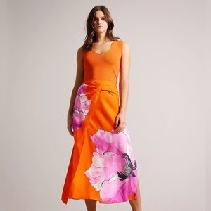 Ted Baker Orange Midi Skirt with Pink Floral Print